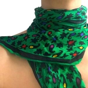 Silk Albert Nipon Vintage Bright Green Mod Scarf Neck Wrap Tie Patterned Floral